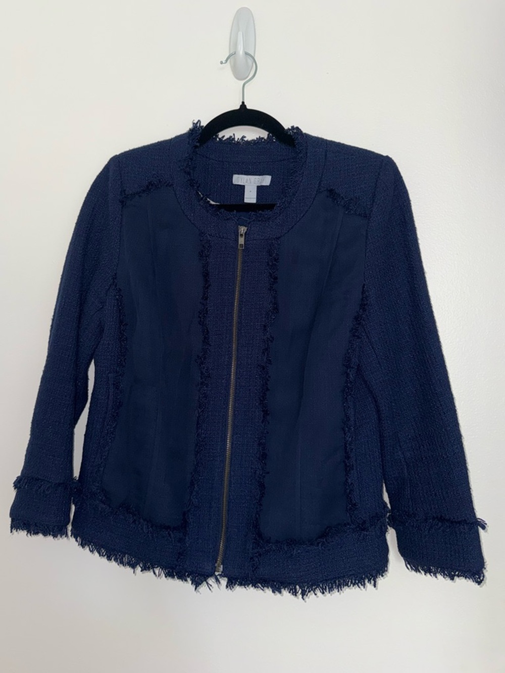 Women's Navy Fringed Zip-Front Blazer